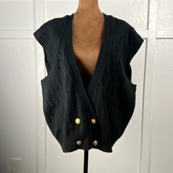 Leslie Fay Vintage Black Cable Knit Button Vest Women’s 2X Gold Button Classic - Picture 1 of 9